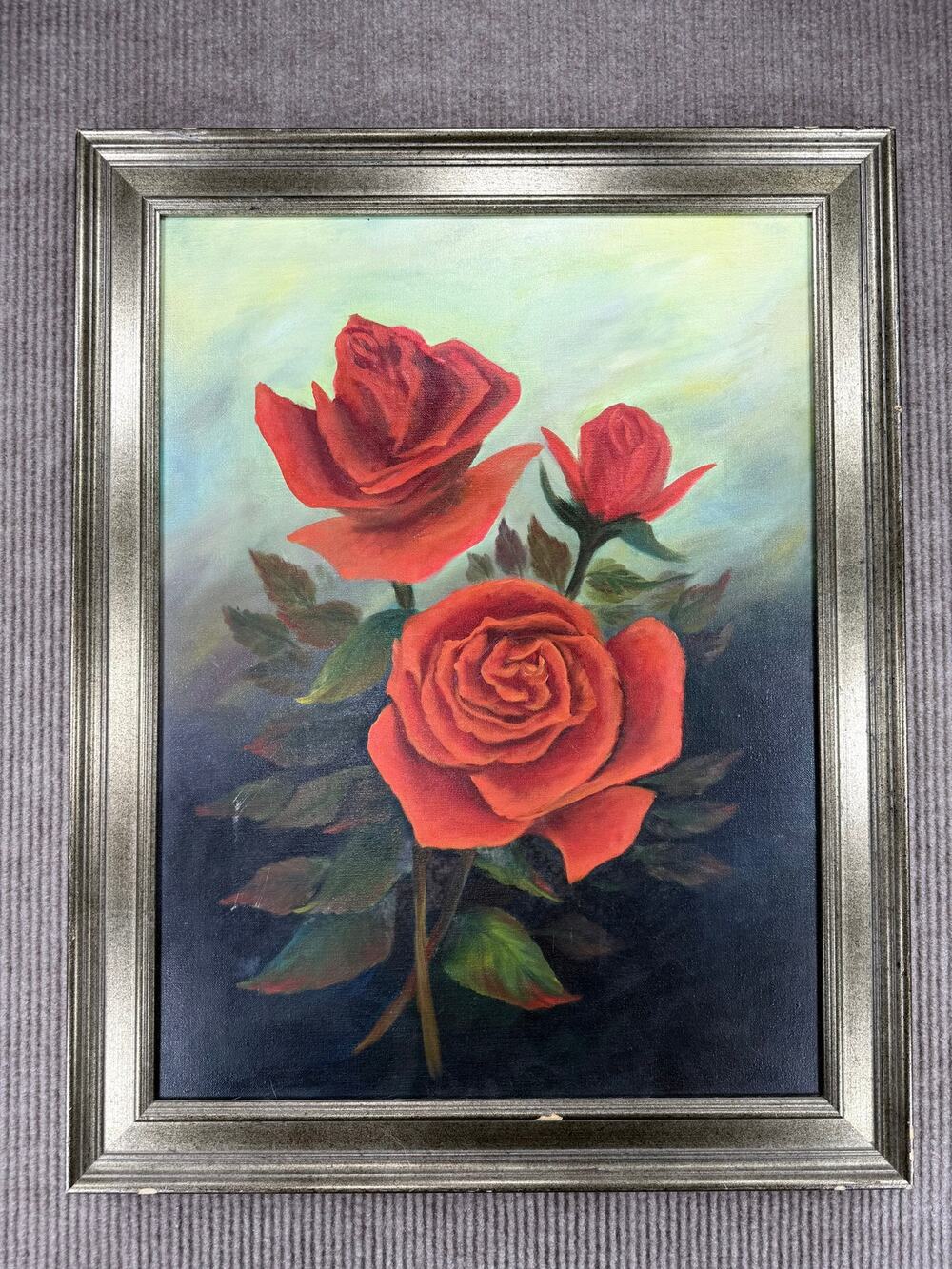 Framed Vintage Rose Oil Painting Dark Academia Wall Art 15x19